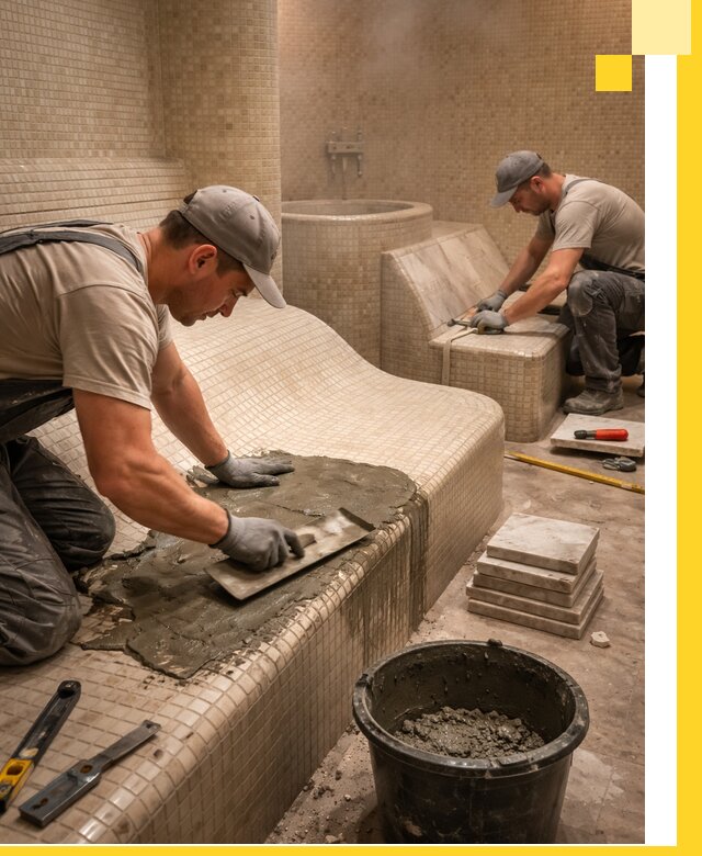 Лежаки для хамама под ключ в Пыти-Яхах, проект и монтаж